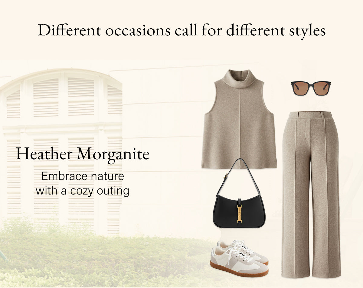 Beige straight-leg pants for a cozy outing in nature