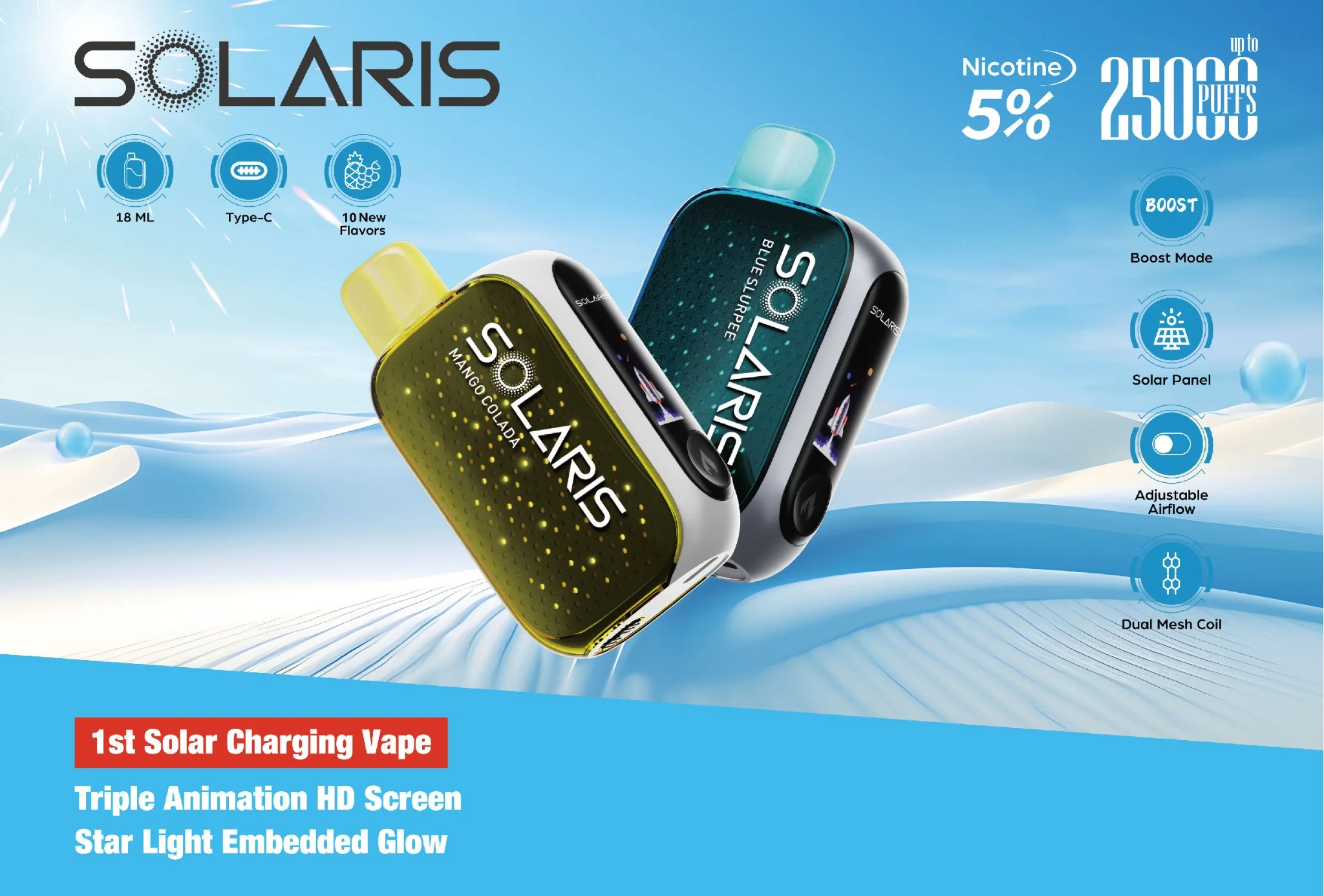Solaris 25K Smart Disposable Vape - Main Visual Solaris 25K disposable vape with solar charging and dual mesh coil