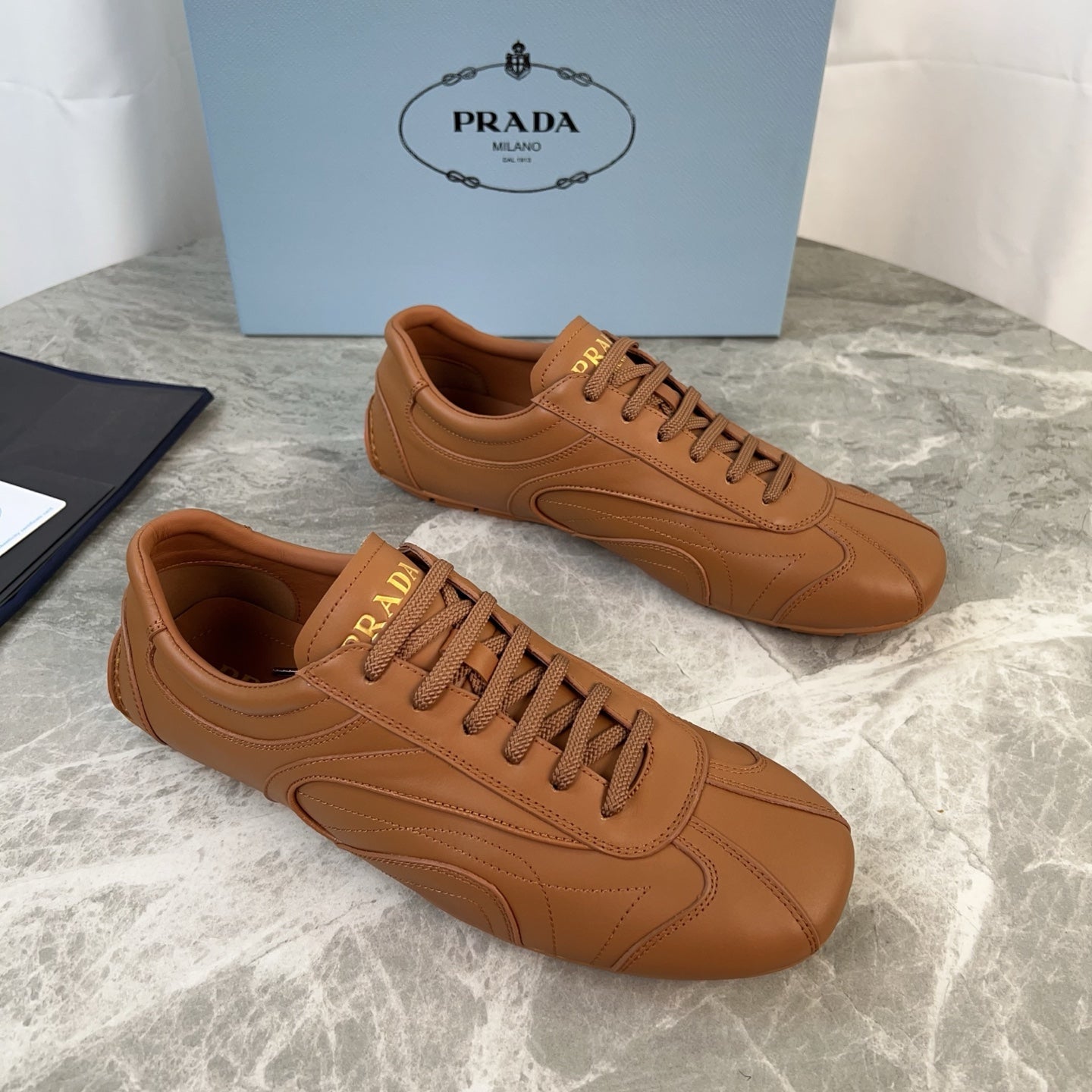 PRADA 25S MONTECARLO ANTIQUED SNEAKERS IN CARAMEL NAPPA LEATHER、mysite、Cacoeks
