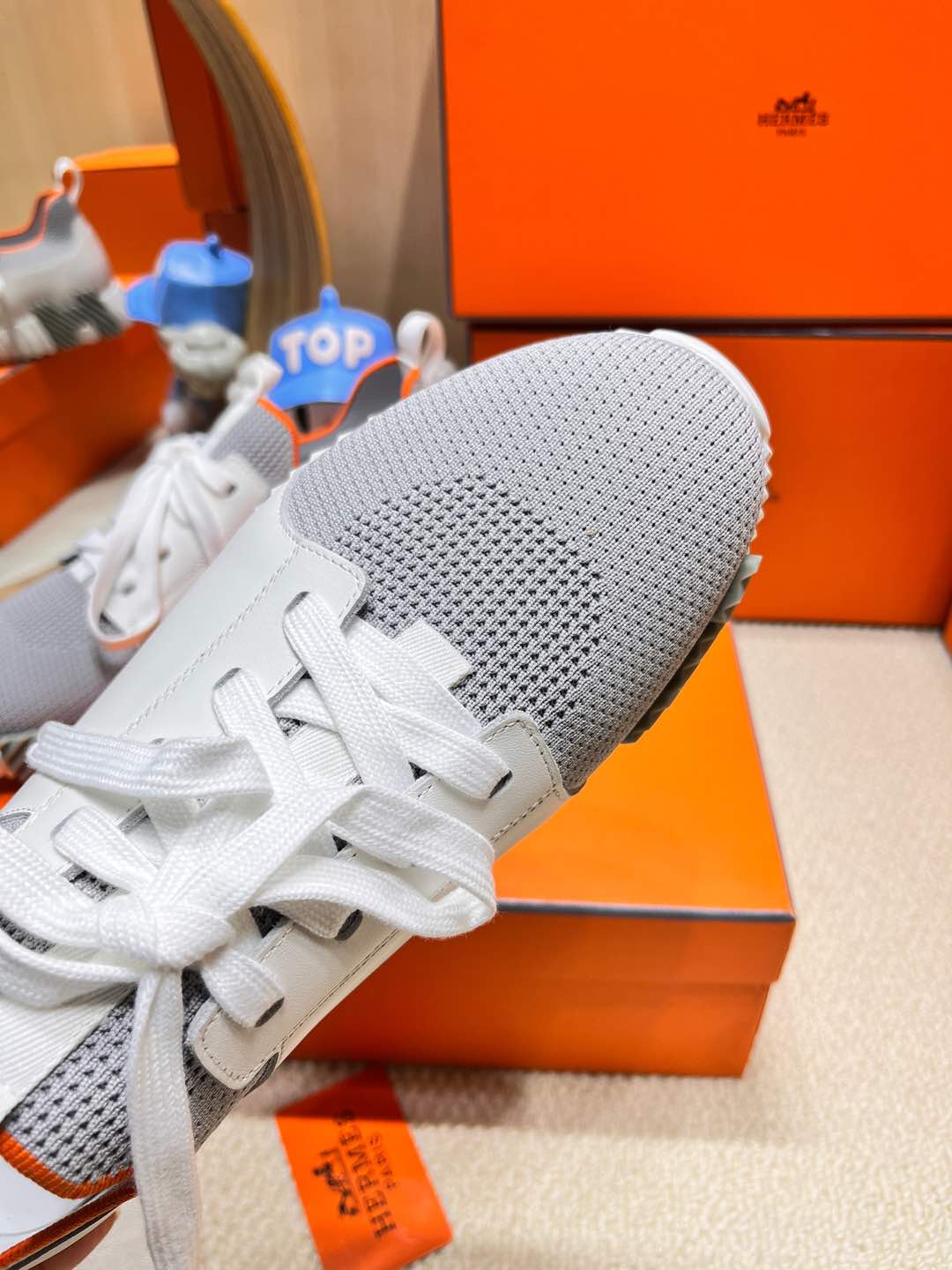 DEPART SLIP-ON SNEAKER IN WHITE MIX SHARK GRAY KNIT AND CALFSKIN、mysite、Cacoeks