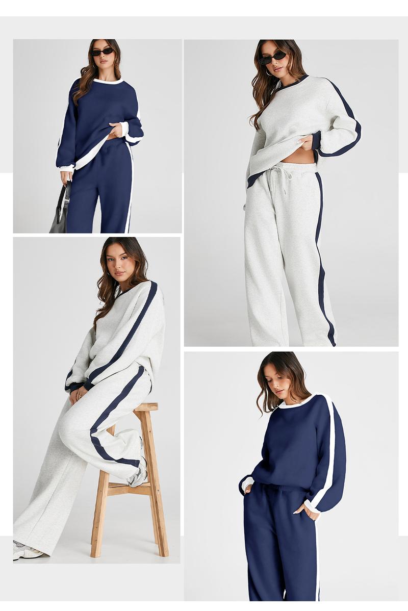 Aleumdr Women's 2 Piece Outfit Fleece Sweatsuit Casual Lounge Matching Sets Crewneck Loose Fit Cozy Sweatshirt & Straight Leg Sweatpants Womenswear Outdoorfun Clothes Chic