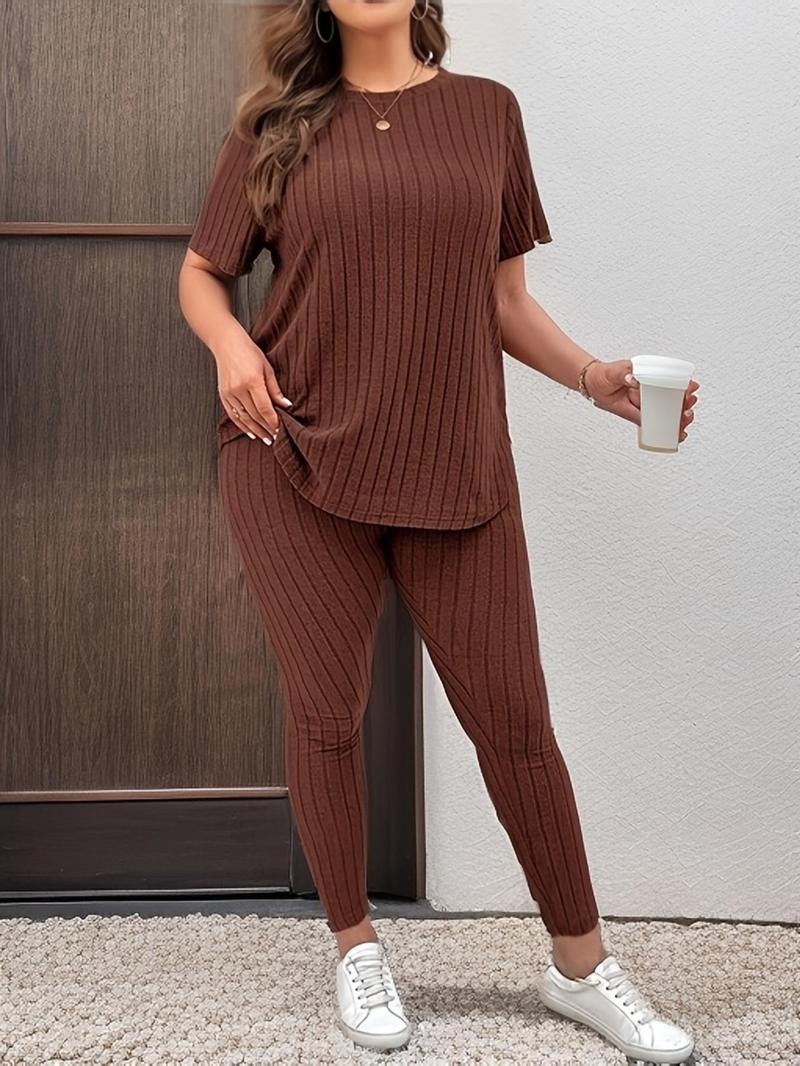 [Plus Size] Two-Piece Set Solid Drop Shoulder Top & Skinny Pants Ribbed Pajama Set, Casual Comfy Round Neck Long Sleeve Top & Trousers Set, Women's Sleepwear for Fall & Winter