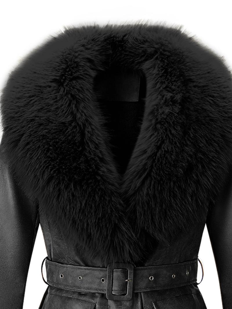 Women's Fall Winter Long Windproof Waterproof Jacket Coat, Comfortable Faux Fur Collar, Thick PU Leather, Slim Fit with Belted Design Outerwear