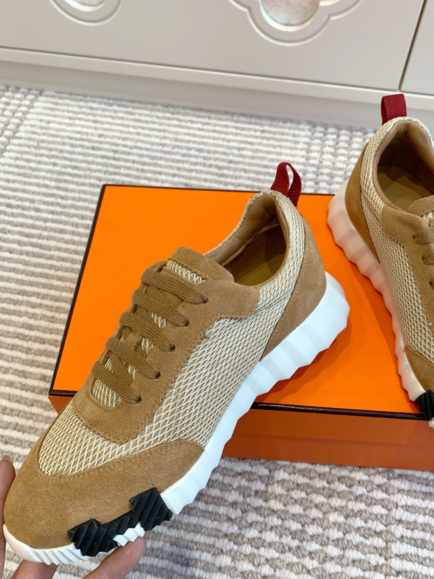 BOUNCING SNEAKER IN CIDER BROWN GRAPHIC MESH AND SUEDE、mysite、Cacoeks