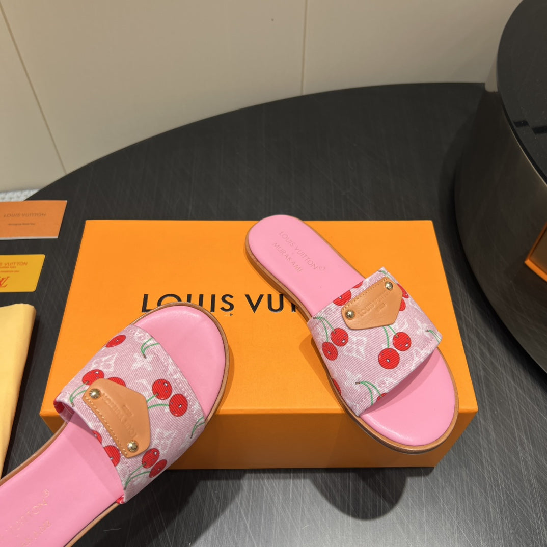 LV SLIDE SANDALS 25S IN PINK DENIM AND CALFSKIN WITH LOGO PRINT、mysite、Cacoeks