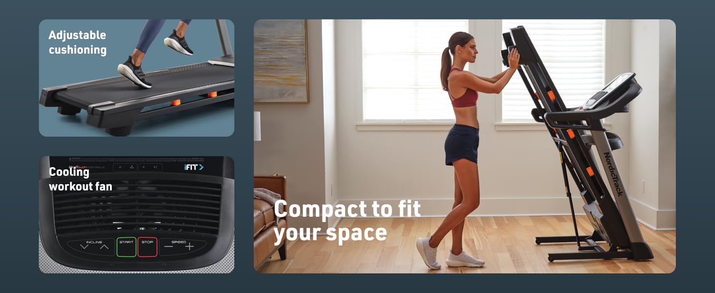 NordicTrack T8.5 comes with adjustable cushioning, device shelf and is compact to fit in your space