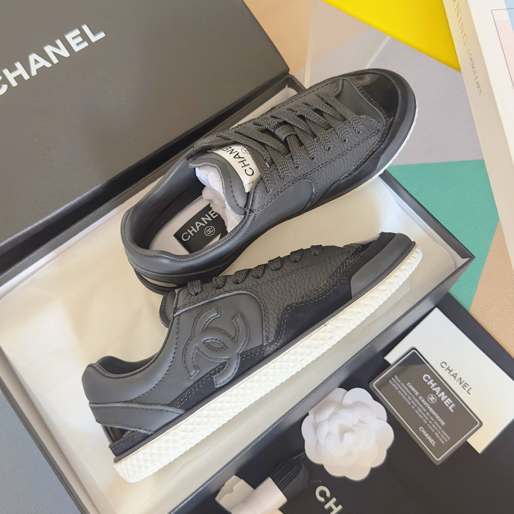 CHANEL 25S SNEAKERS WITH PATENT TOE 20MM IN BLACK CALFSKIN、mysite、Cacoeks