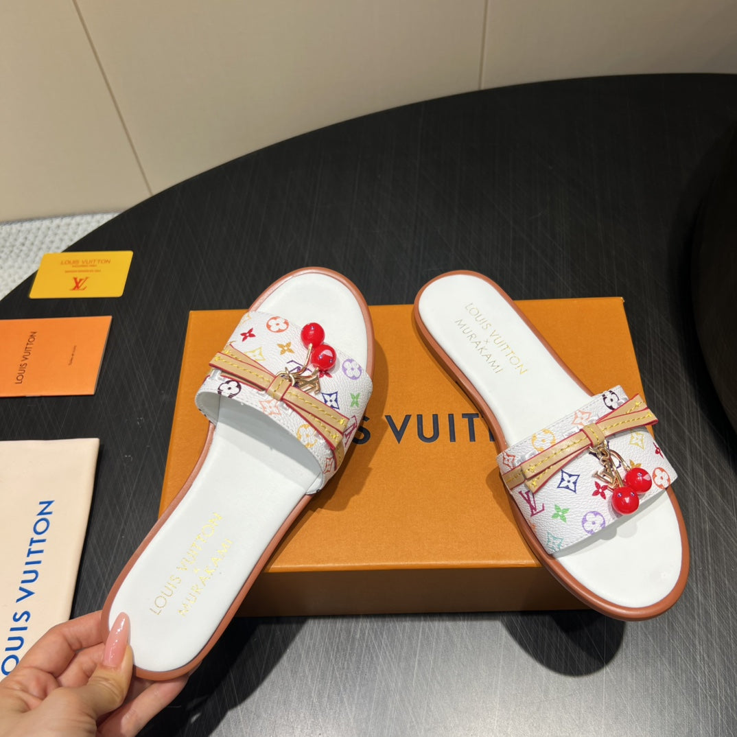 LV SLIDE SANDALS LOGO PRINT 25S IN WHITE CALFSKIN WITH CHERRY BLOSSOM BUCKLE、mysite、Cacoeks