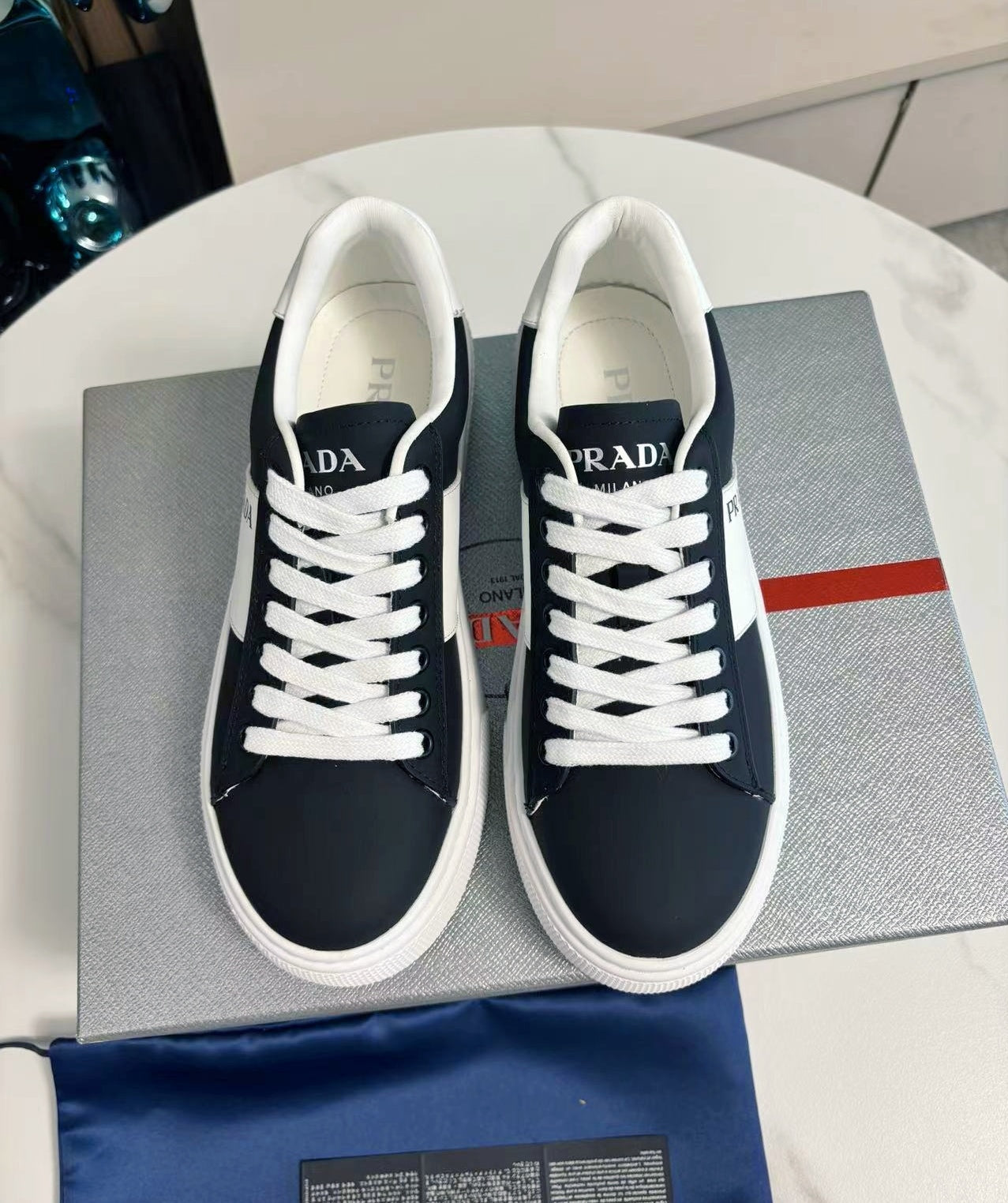 PRADA 25S LEATHER LOGO OUTLET SNEAKERS BLUISH BLACK CALFSKIN、mysite、Cacoeks