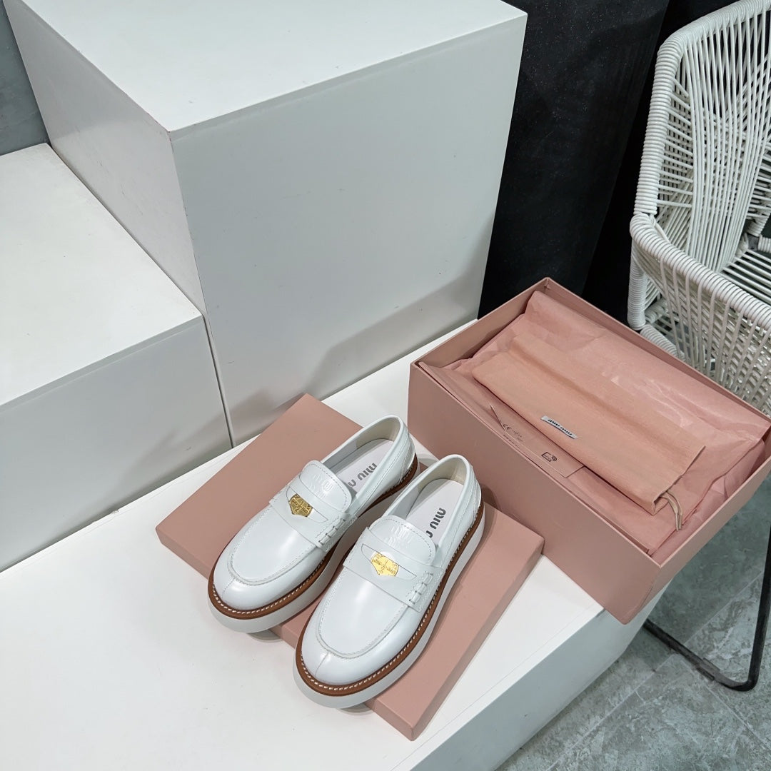 Thick-Soled Loafers Shoes White Cowhide、mysite、Cacoeks