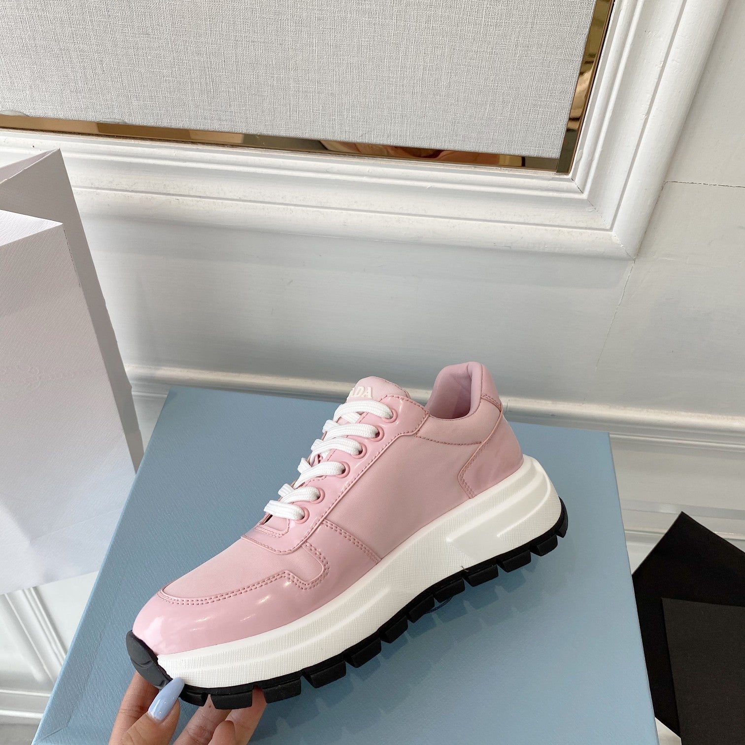 PRADA 25S THICK SOLE SNEAKER IN LIGHT PINK CALFSKIN AND CANVAS、mysite、Cacoeks
