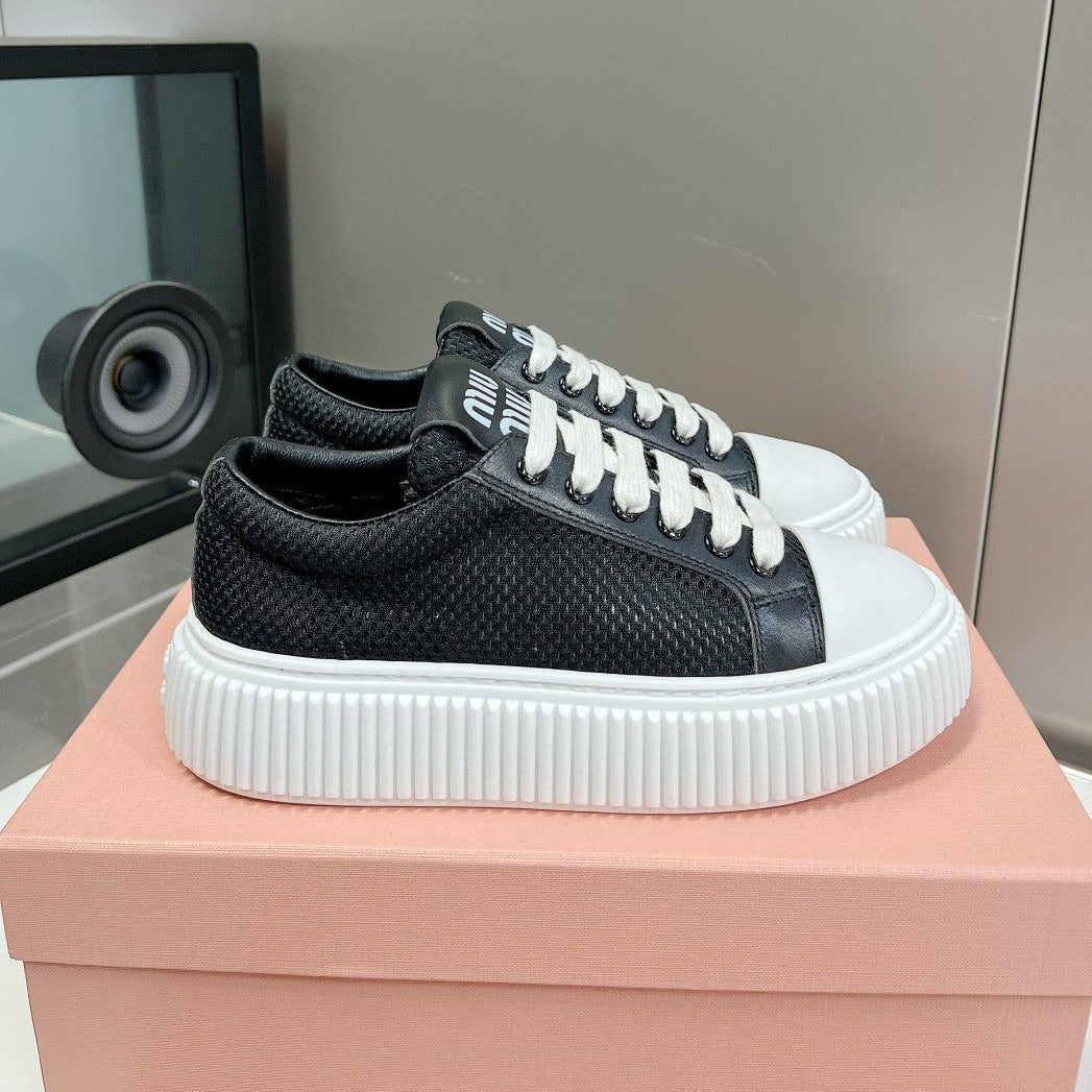 SNEAKERS THICK-SOLED BLACK MESH COWHIDE、mysite、Cacoeks