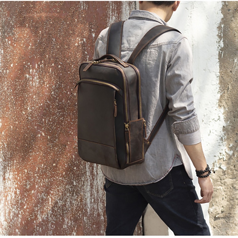 Outdoor Model&nbsp;Show&nbsp;of Woosir Leather Laptop Backpack with Trolley Sleeve