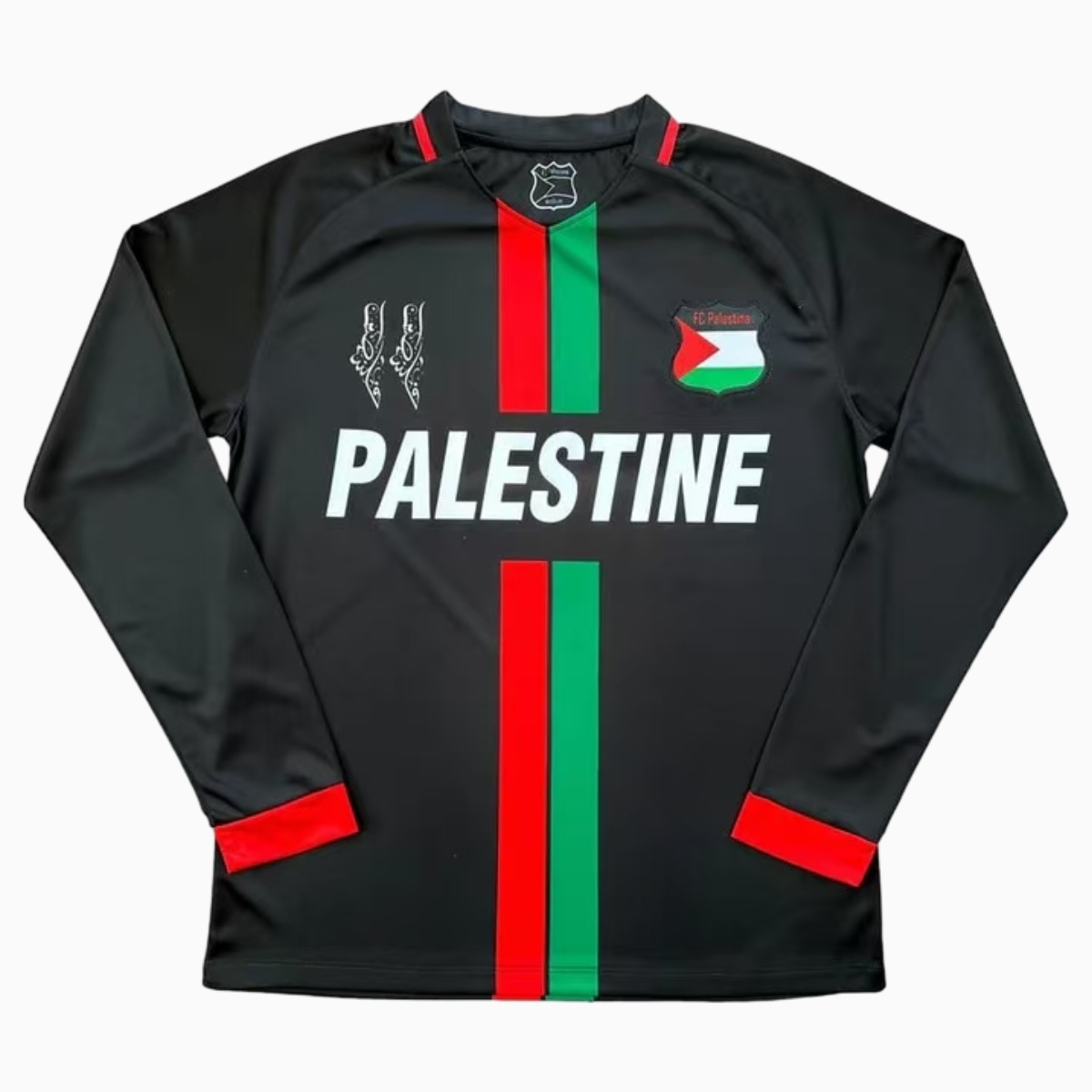 JerseysGala.com | FC Palestina 24-25 Black Centre Striped Long Sleeve Jersey with English and Pattern -Customize Name, Number and Patch | Worldwide Shipping