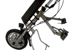 Close-up of the twist throttle control for the electric wheelchair motor attachment, designed for ease of speed adjustment.