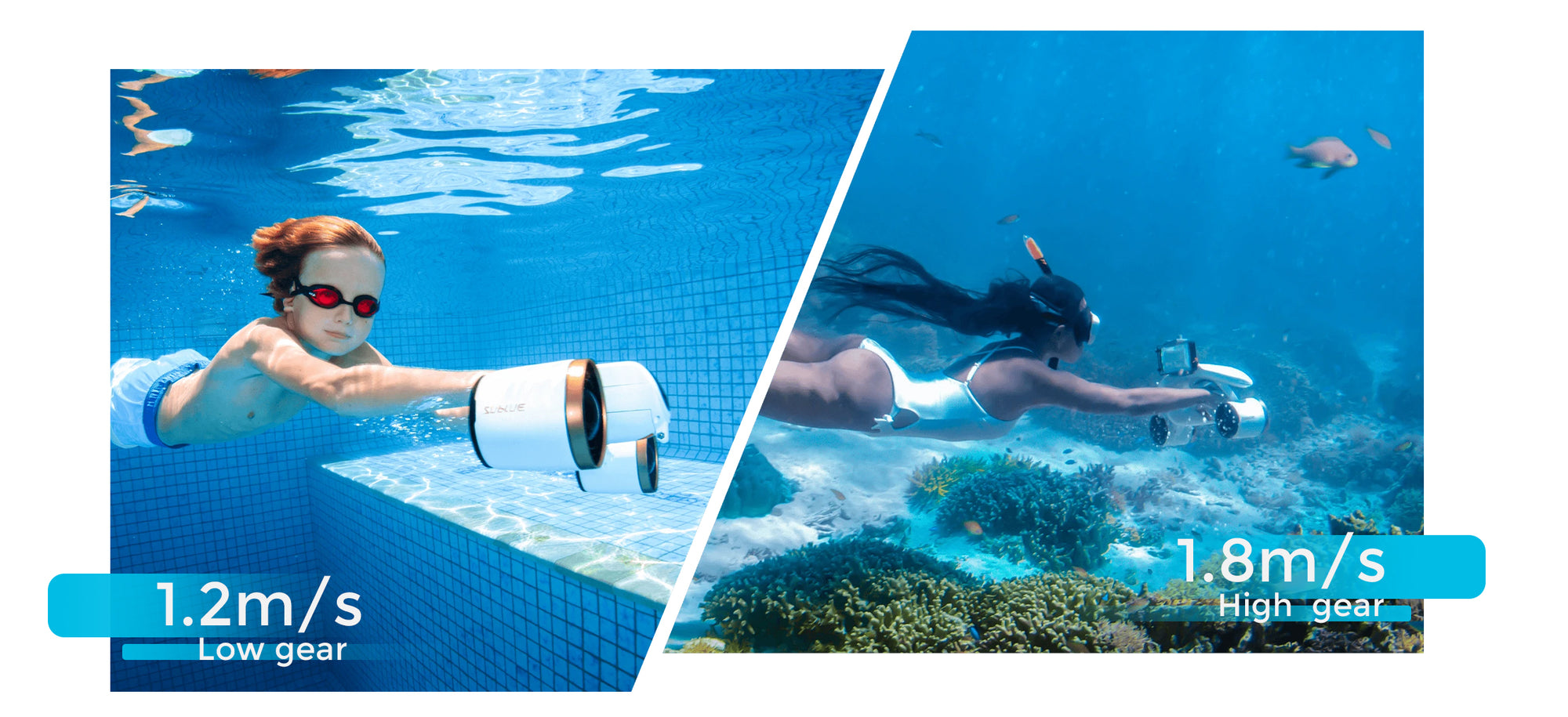 a woman swimming underwater in a pool