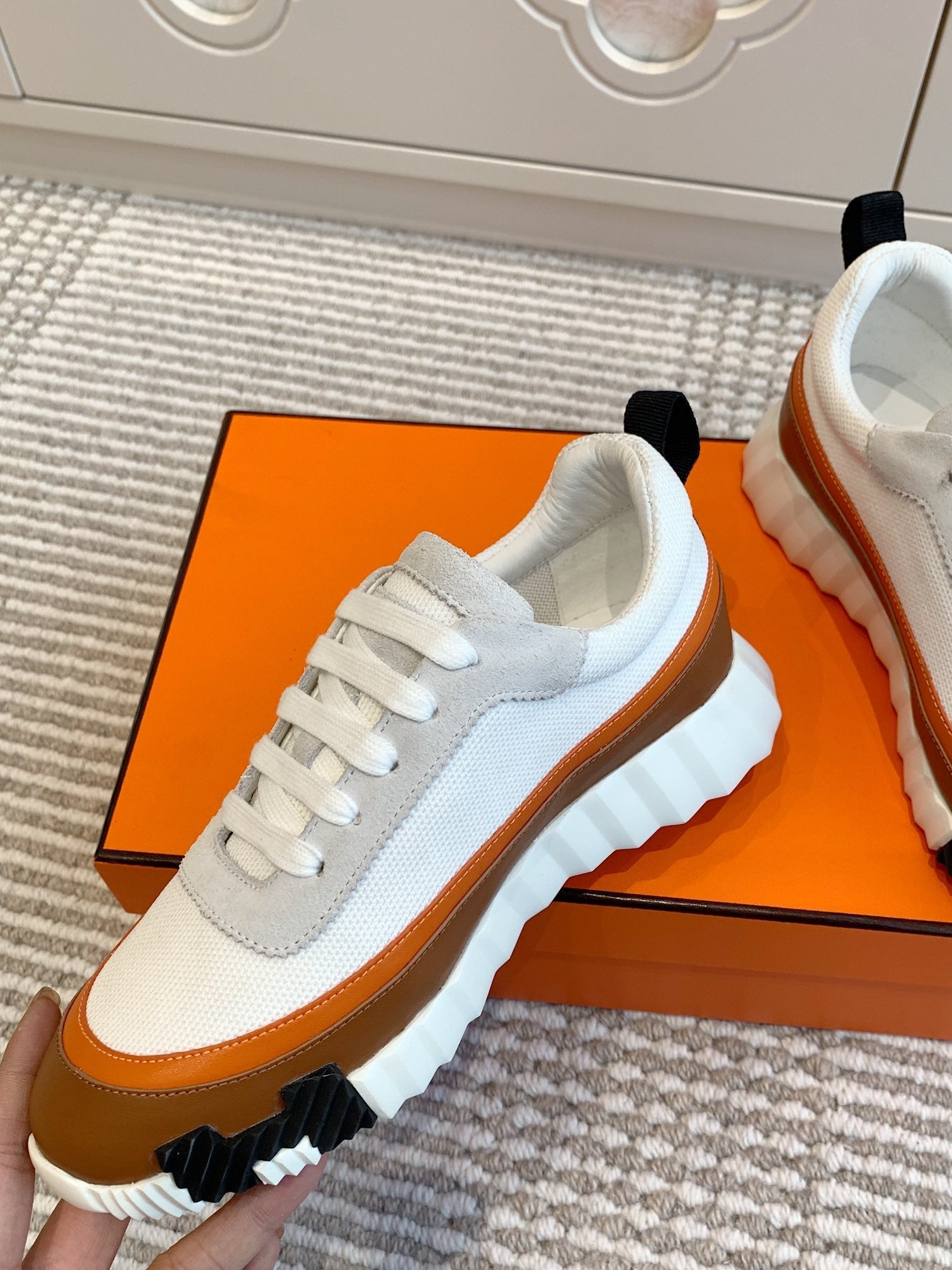 BOUNCING SNEAKER IN WHITE GRAPHIC MESH AND BRONZE BROWN CALFSKIN、mysite、Cacoeks