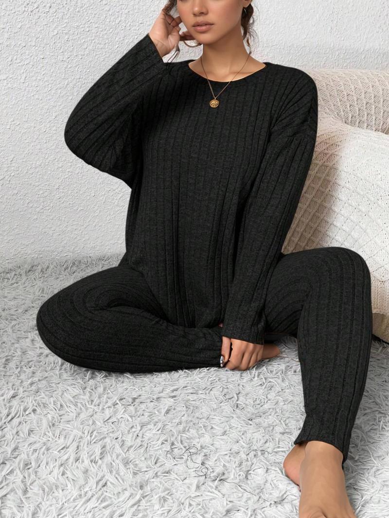 [Plus Size] Two-Piece Set Solid Drop Shoulder Top & Skinny Pants Ribbed Pajama Set, Casual Comfy Round Neck Long Sleeve Top & Trousers Set, Women's Sleepwear for Fall & Winter