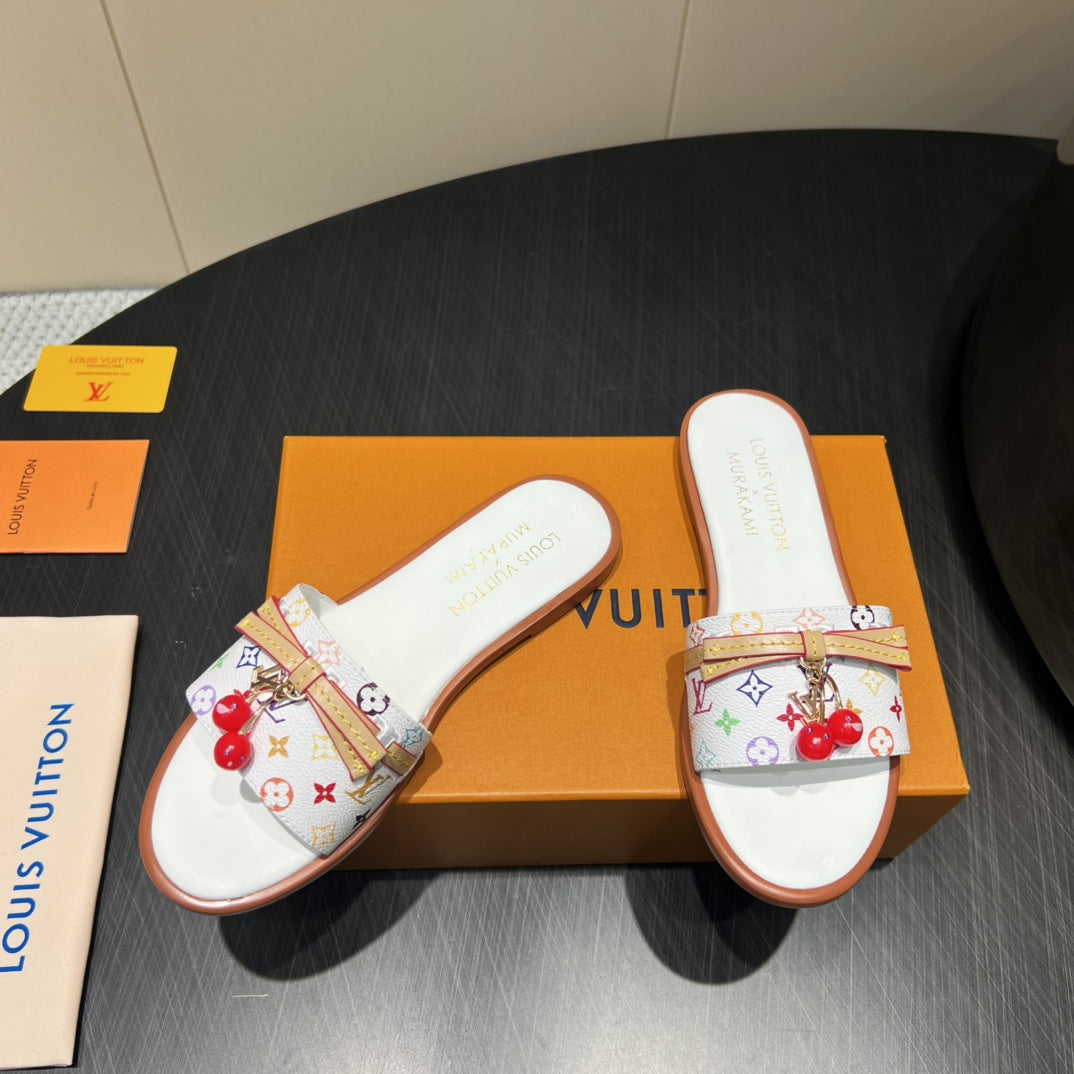 LV SLIDE SANDALS LOGO PRINT 25S IN WHITE CALFSKIN WITH CHERRY BLOSSOM BUCKLE、mysite、Cacoeks