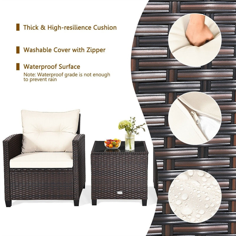 3 Pieces Patio Rattan Furniture Set with Washable Cushion and Coffee Table