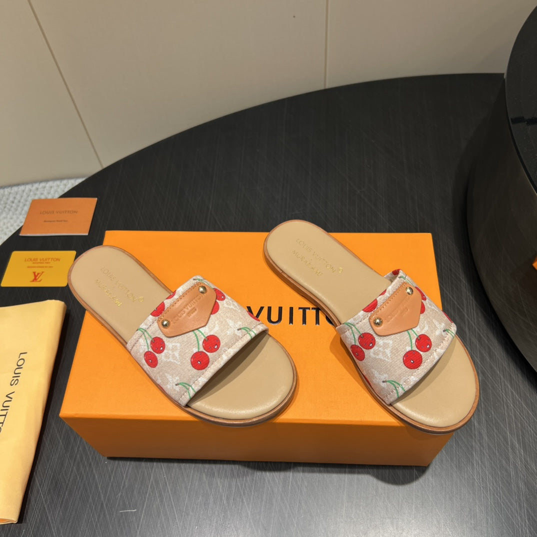LV SLIDE SANDALS 25S IN BEIGE DENIM AND CALFSKIN WITH LOGO PRINT、mysite、Cacoeks
