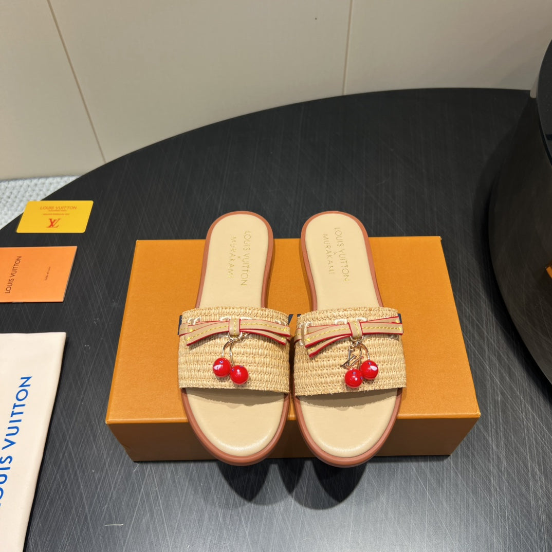 LV SLIDE SANDALS 25S IN BEIGE RAFFIA AND CALFSKIN WITH CHERRY BLOSSOM BUCKLE、mysite、Cacoeks