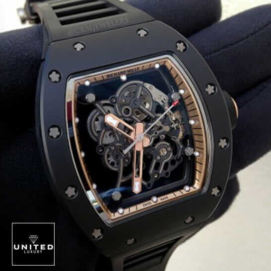 Richard Mille Skeleton Black Dial Replica on the hand