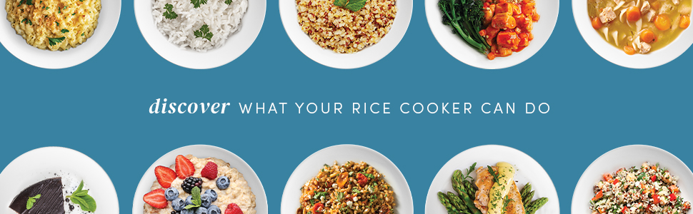 Discover what your rice cooker can do -  a variety of meals on white plates