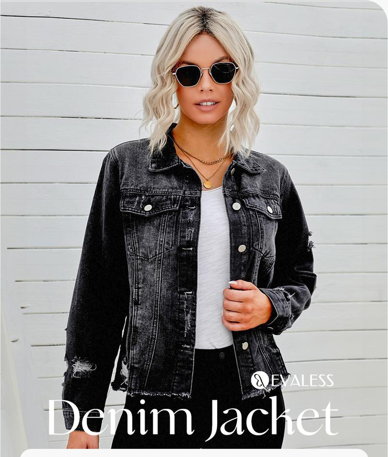 Product Introduction of EVALESS Women's Jean Jackets Casual Non Stretch Boyfriend Washed Coats Distressed Ripped Lapel Long Sleeve Denim Outwear Tops 2025 Spring Womenswear Outfits Dealsforyoudays 0