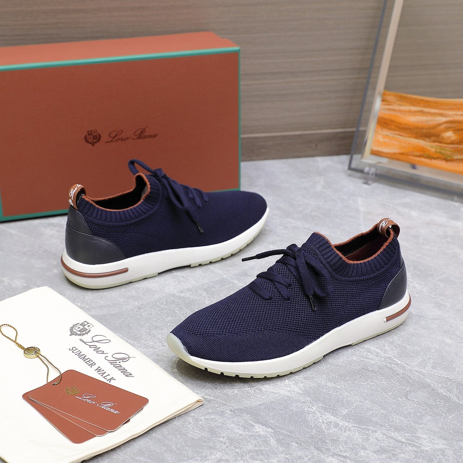 LP LADY FLEXY WALK SNEAKER NAVY BLUE AND ORANGE WOOL CALFSKIN、mysite、Cacoeks