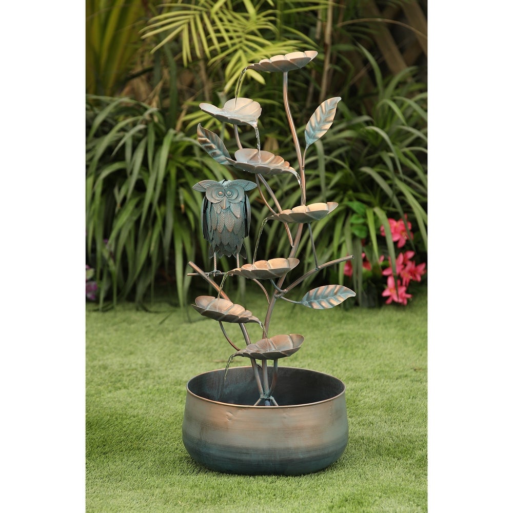 flyout slide 0 of 27, Metal Cascading Leaves and Owl Outdoor Fountain