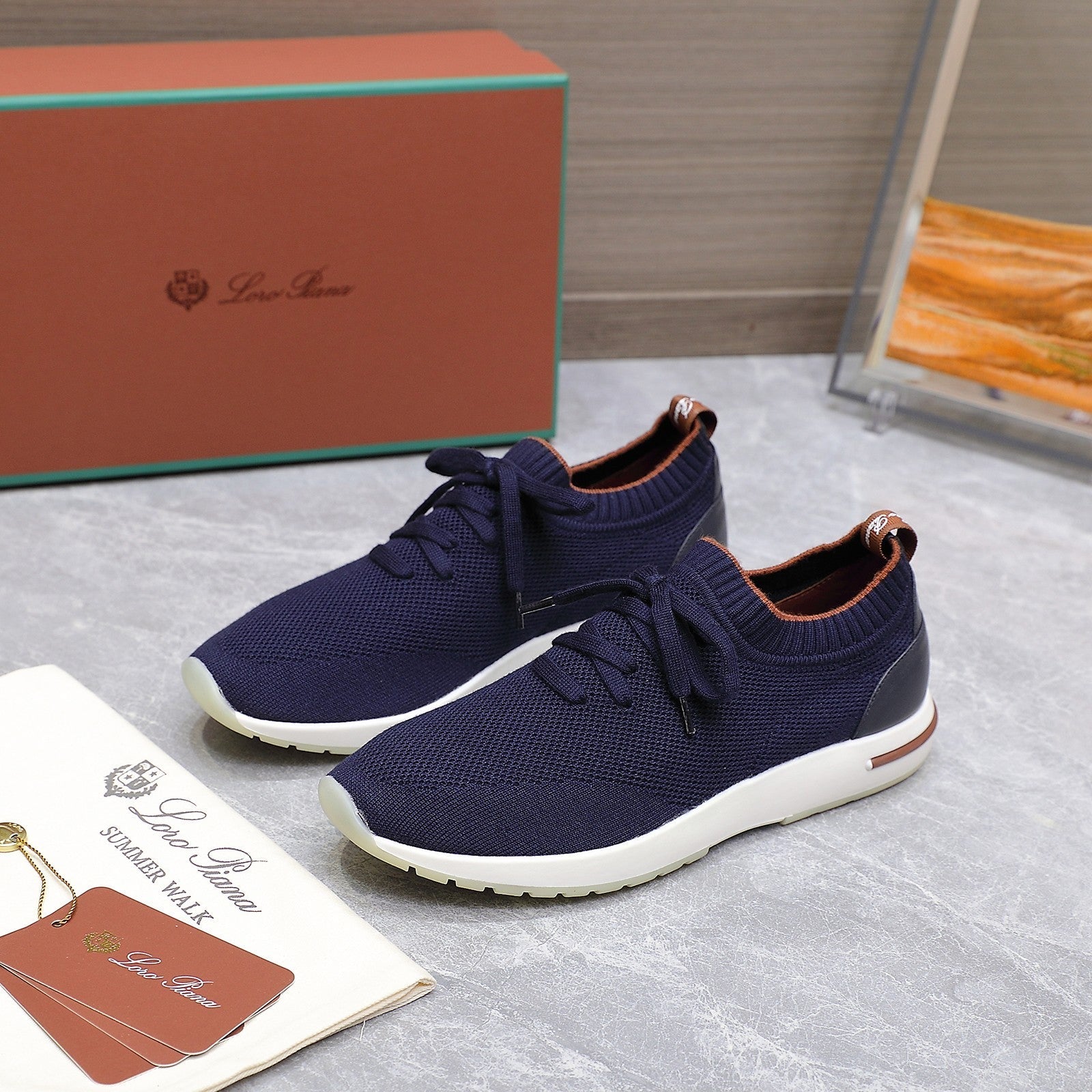 LP LADY FLEXY WALK SNEAKER NAVY BLUE AND ORANGE WOOL CALFSKIN、mysite、Cacoeks
