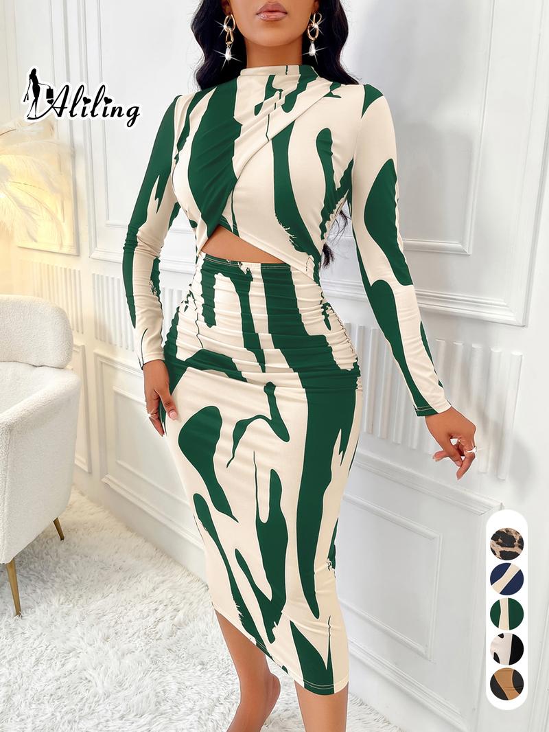 Aliling&nbsp;Women's Colorblock Print Cut Out Bodycon Dress, Elegant Fashion Casual Long Sleeve Dress for Daily Outdoor Wear, Women Dress for Spring Fall