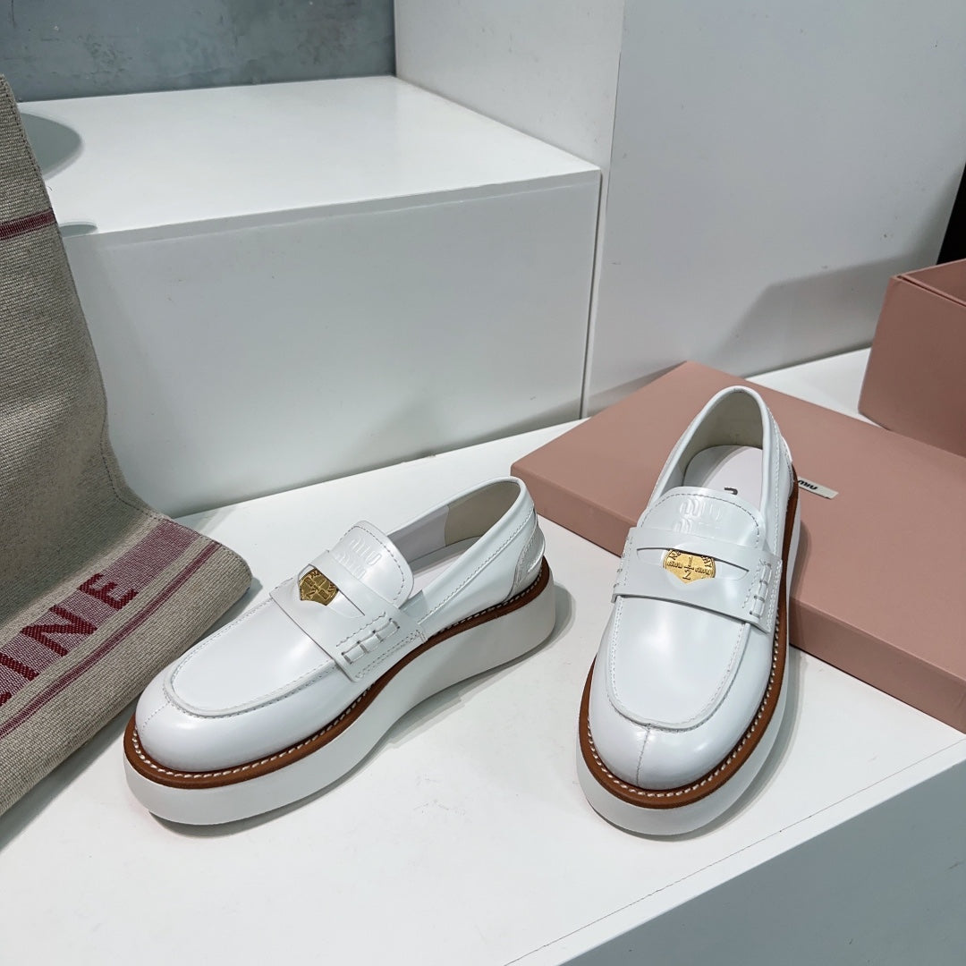 Thick-Soled Loafers Shoes White Cowhide、mysite、Cacoeks