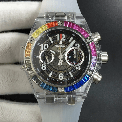 Hublot Rainbow Black Replica Big Bang Unico Magic Sapphire 45mm OXF Best Edition Rainbow Crystal Bezel Black Dial on White Rubber 1 cleanup Hublot Big Bang Unico Magic Rainbox Bezel White Rubber Bracelet Replica on the hand