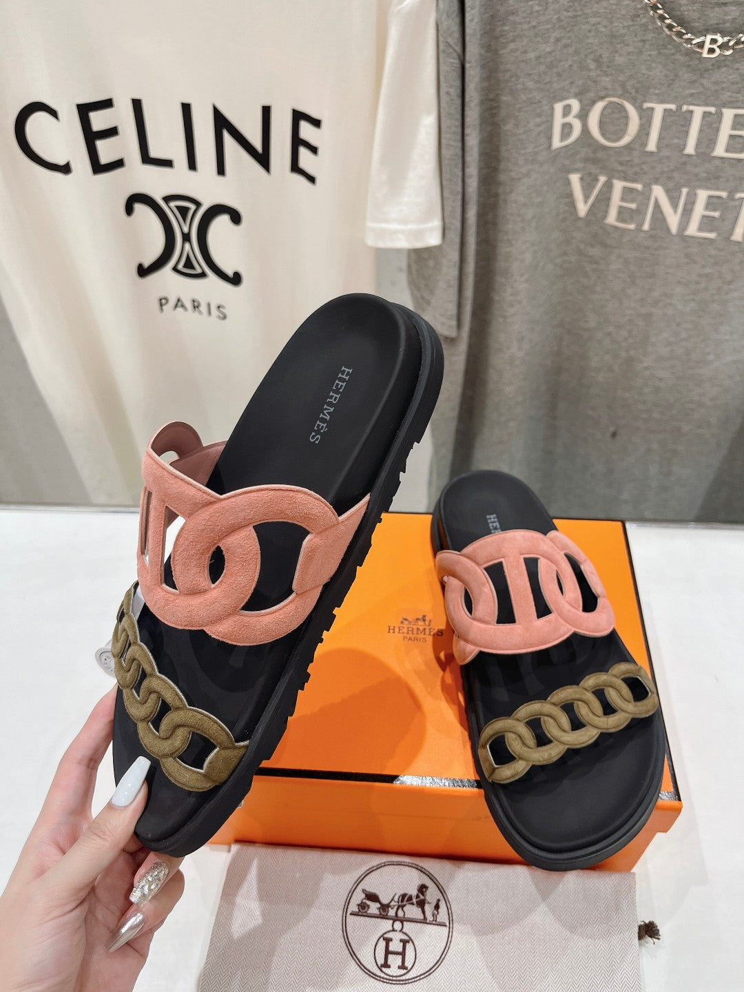 EXTRA SANDAL BLACK MIX PEACH MIX MOSS CALFSKIN、mysite、Cacoeks