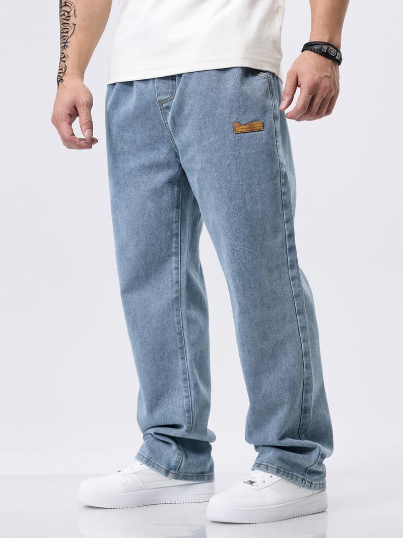 Men's drawstring elastic waist washed and distressed loose straight-leg jeans, non-stretchy denim pants, comfortable and loose fit. Suitable for daily casual wear, urban gatherings, and weekend fashion looks. A must-have trendy men's pants 🔥