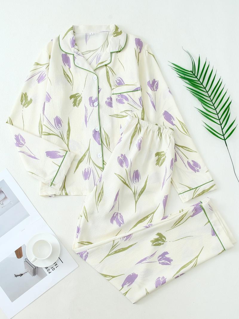 Women's Button Front Blouse & Bow Front Contrast Binding Pants Pyjama Set, Casual Long Sleeve Lapel Top & Trousers,�Summer Outfits 2024,�Sleepwear for Spring & Fall,�National Day Offers