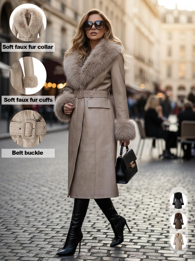 Women's Fall Winter Long Windproof Waterproof Jacket Coat, Comfortable Faux Fur Collar, Thick PU Leather, Slim Fit with Belted Design Outerwear