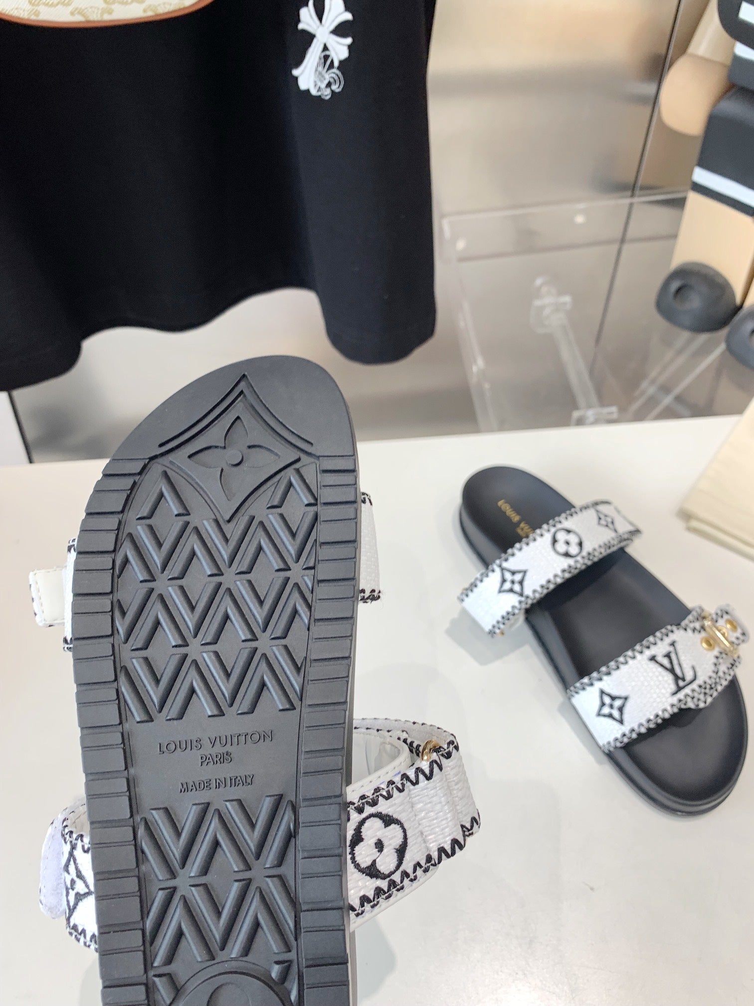 LV WOMEN SUNSET DAD SANDAL IN WHITE MIX BLACK MONOGRAM FABRIC MULE、mysite、Cacoeks