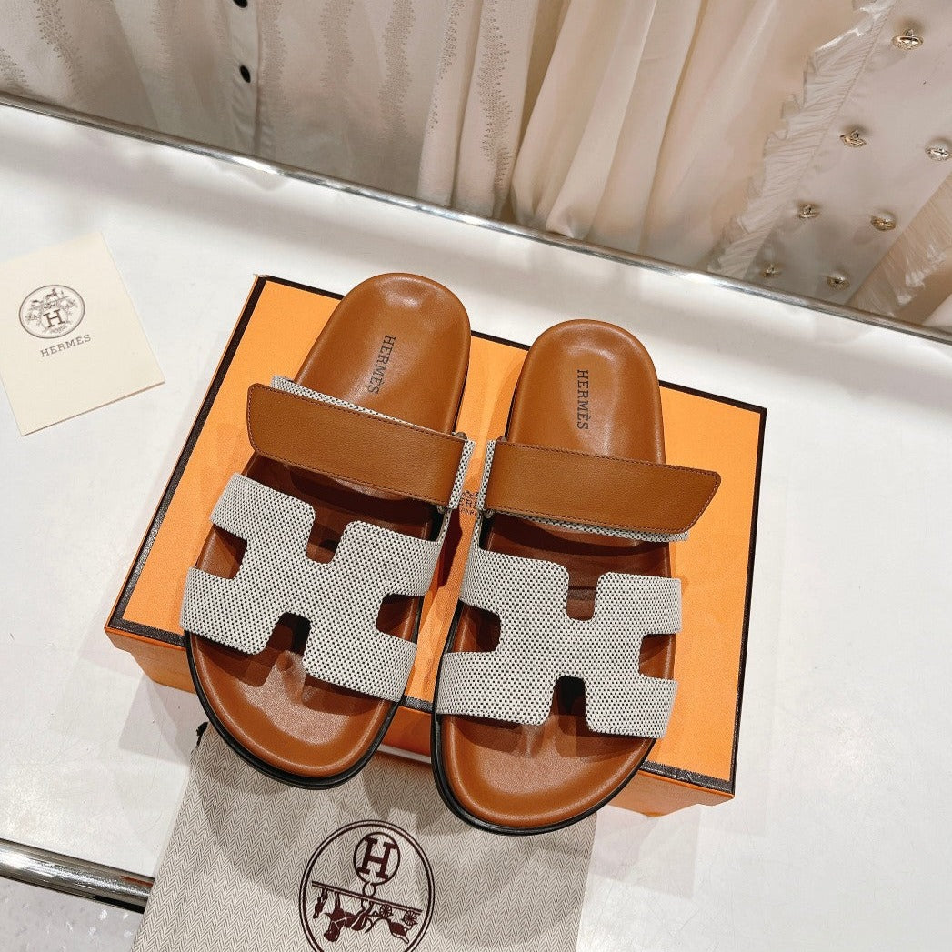 CHYPRE SANDAL BRIGHT BROWN LAMBSKIN AND SILVER DENIM、mysite、Cacoeks