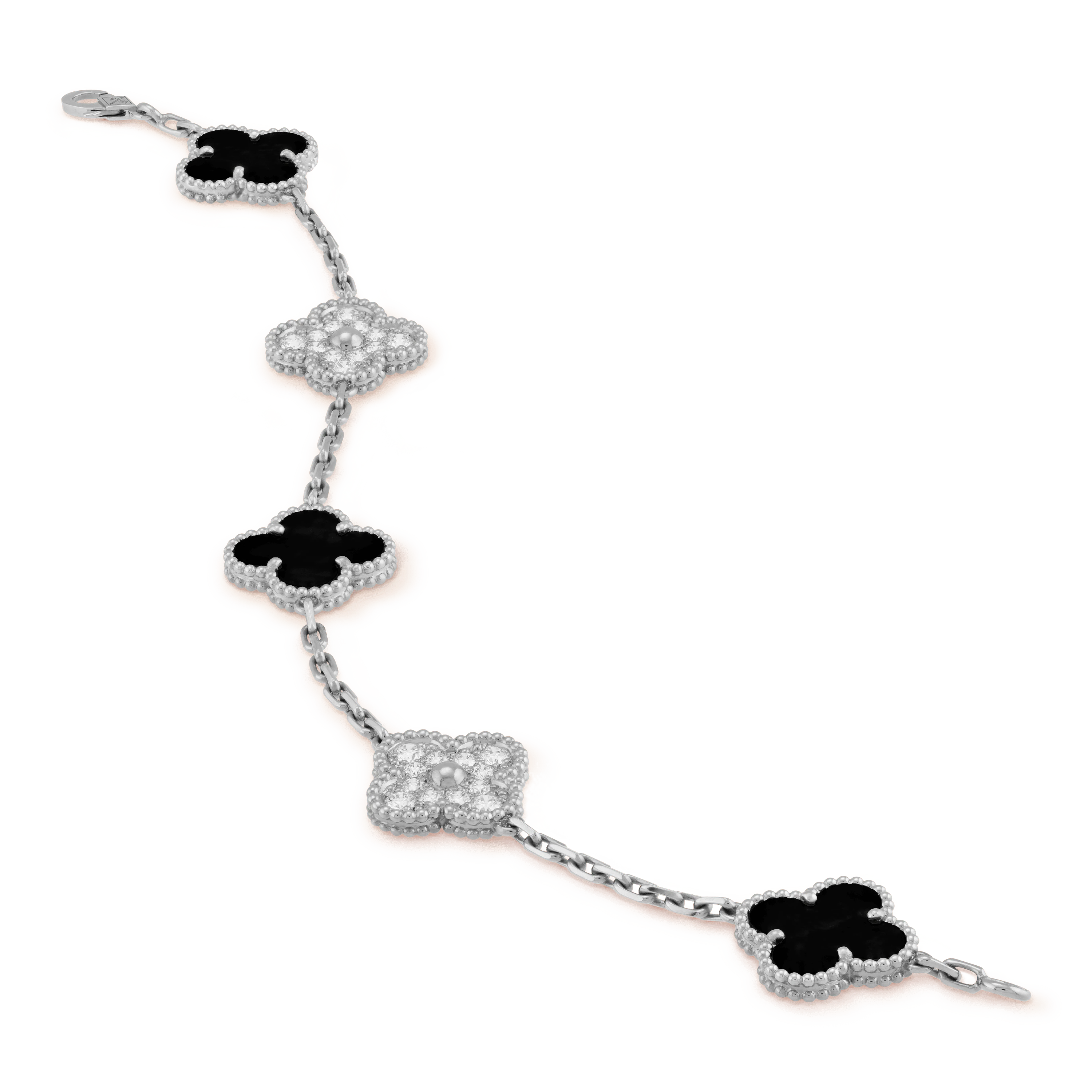 ヴィンテージ アルハンブラ ブレスレット、5モチーフ, ホワイトゴールド, オニキス:3 石, ダイヤモンド:24 石,0.97 カラット, Close Up, Jewelry Bracelet