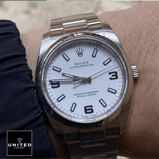 Rolex Air King Stainless Steel White Dial 114200 Replica 4 Rolex Air King White Dial Replica on the wrist