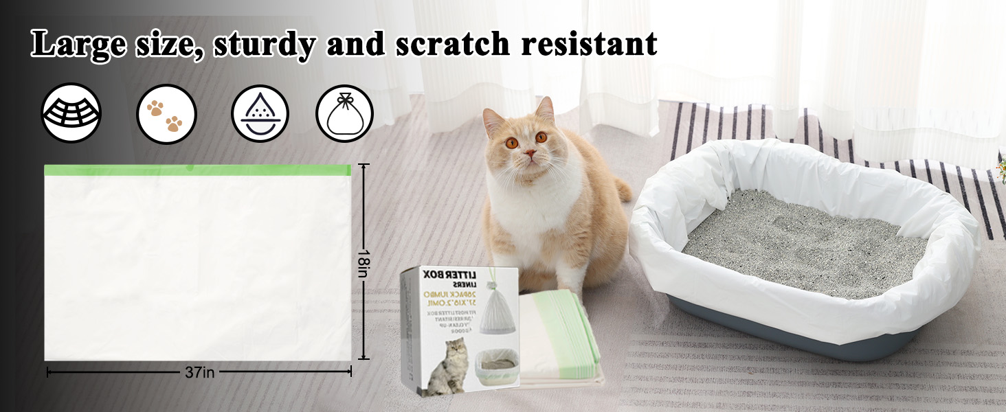 Text reads 'Large size, sturdy and scratch resistant'. Product shows cat litter box setup with cat-related icons, featuring a demonstration with a cat and gray litter box.