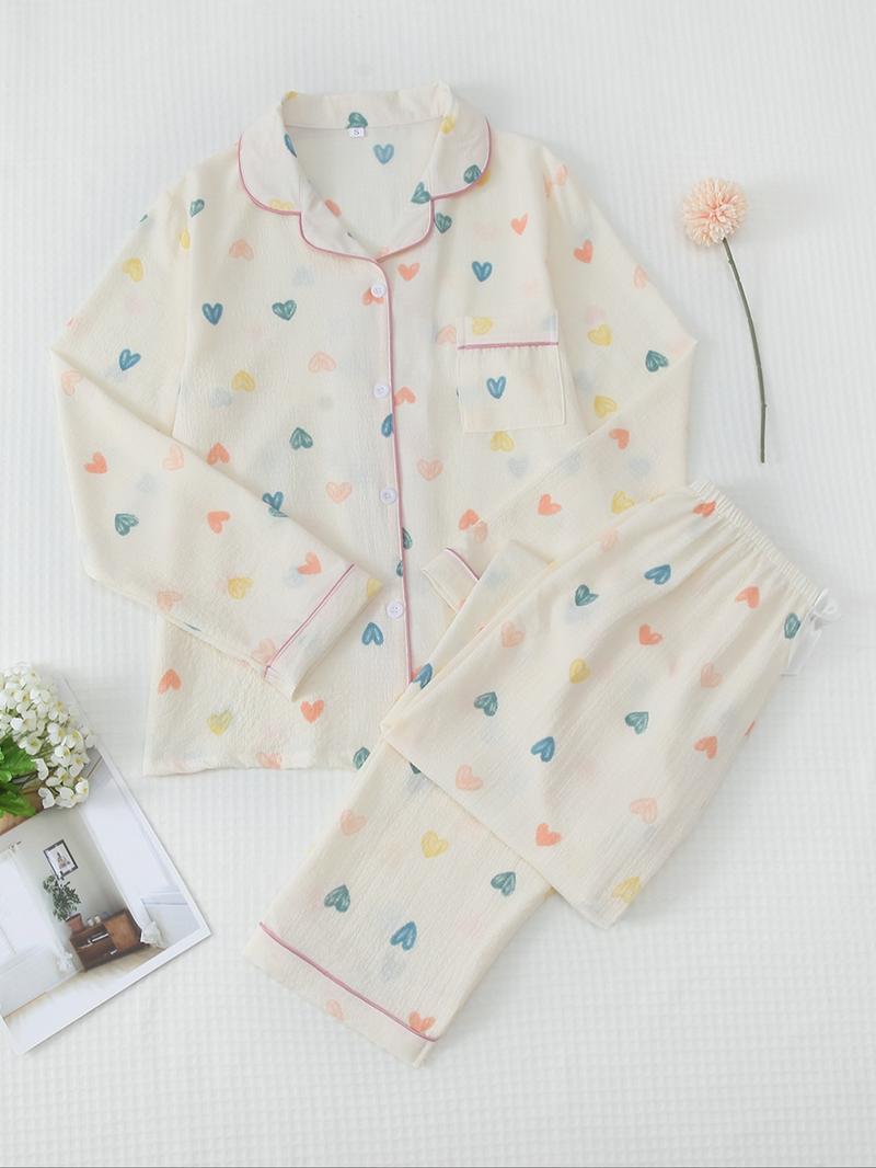 Women's Button Front Blouse & Bow Front Contrast Binding Pants Pyjama Set, Casual Long Sleeve Lapel Top & Trousers,�Summer Outfits 2024,�Sleepwear for Spring & Fall,�National Day Offers