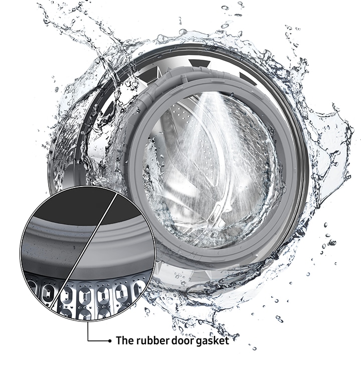 Check out Samsung WD90T634DBN/SP now. Washer drum of EcoBubble™. 9Kg. Washer Dryer. 4 Ticks seen with swishing water