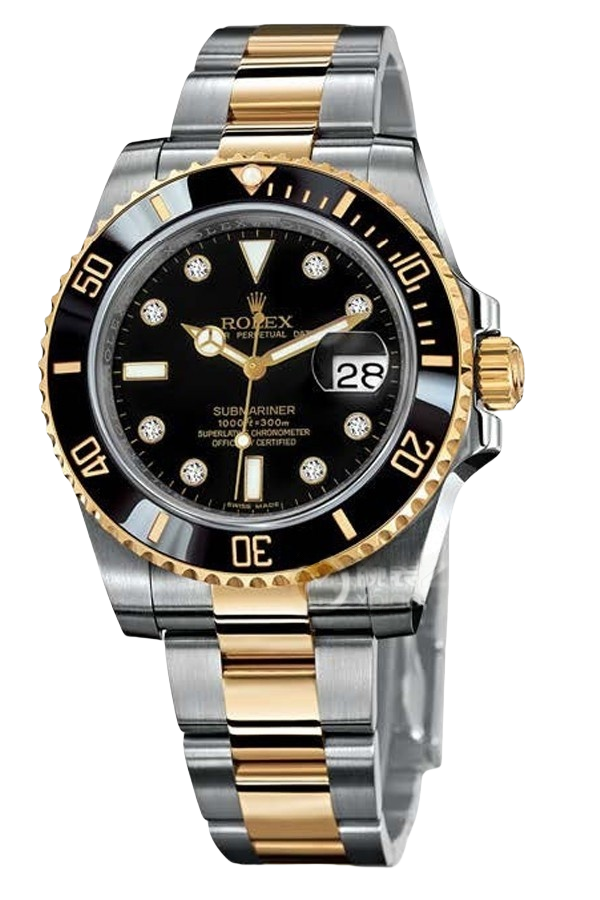 Rolex Submariner Black Dial Diamond Markers Super Clone Swiss Replica Watch Ref 116613-LN-97203 Two-Tone Oyster Bracelet