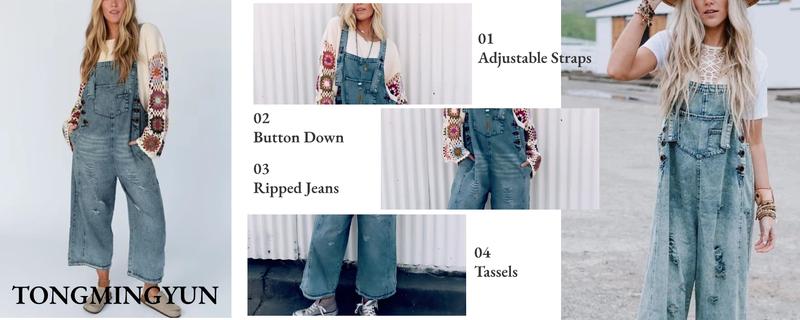 Danedvi Women's Denim Overalls Casual Jumpsuits Loose Fit Adjustable Strap Distressed Bib Jeans Overall Jumpsuits