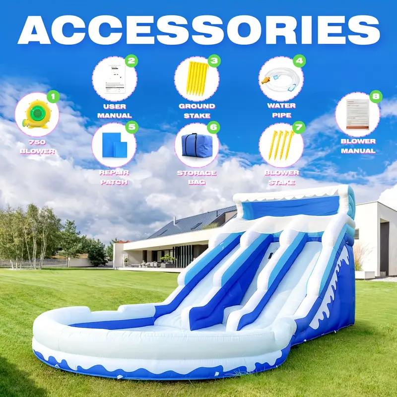 20ft blue white inflatable water slide with playground outdoor play commercial rental equipment details 4