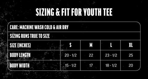 Youth Baseball Tee size chart